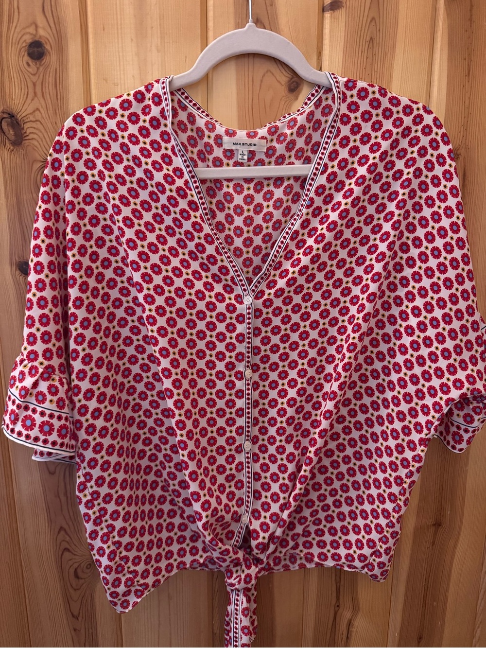 Max Studio Red and Cream Floral Tie-Front Blouse